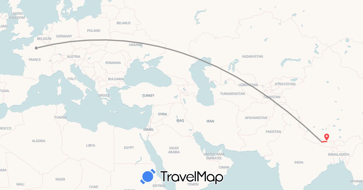 TravelMap itinerary: driving, plane, hiking in France, Nepal (Asia, Europe)